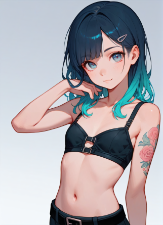 score_9,score_8_up,score_7_up,
1girl, kawaii, cute, petite, flat breast, gradient hair, cute face, tattoos, belt bra, upper...