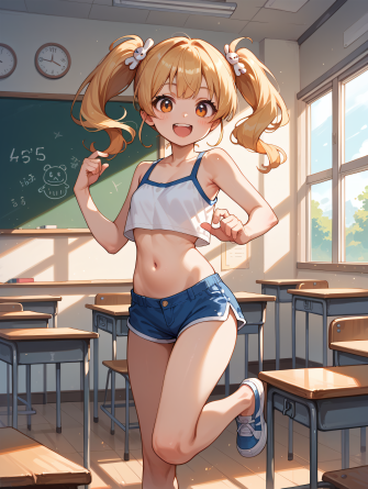 score_9, score_8_up, score_7_up, source_anime,
1girl, cute girl , classroom, shorts, crop top, open shoulders, petite, navel...