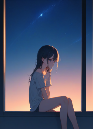 score_9,score_8_up,score_7_up,
1girl, kawaii, cute, petite, sitting on the window, sad, night sky, looking at sky, full body...