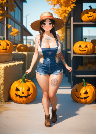 score_9,score_8_up,score_7_up,
1girl, kawaii, cosplay, farmer, big eyes, full body, thick body, large breast, open shoulders...