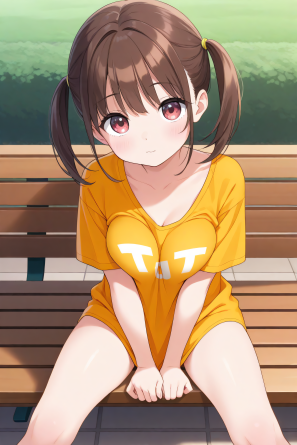 1girl, cute girl, kawaii, loose t-shirt, sitting in bench, park, long t-shirt, medium breast, breast press, leg spread, hands...