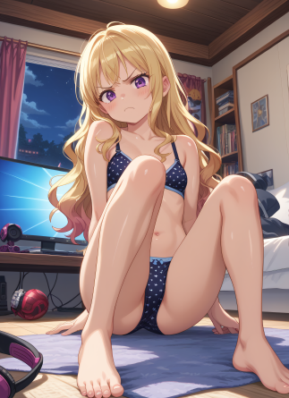 1girl, solo, gamer girl, long hair, wavy hair, purple eyes, printed underwear, bra, panties, bare shoulders, full body, looki...