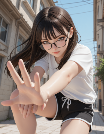 outdoors, looking at viewer, perspective, action pose, 1girl, shorts, long hair, glasses, masterpiece, very awa, best quality...