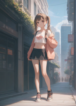 score_9,score_8_up,score_7_up,
1girl, kawaii, cute, standing, petite, detailed body, mini skirt, crop top, cute face, pigtai...