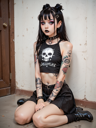 score_9, score_8_up, score_7_up,
extremely detailed, 1girl, cosplay, goth, makeup, petite, flat breast, cute face, choker, g...