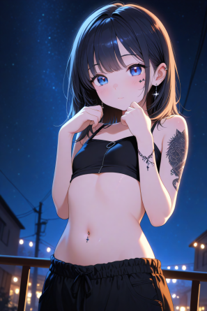 1girl, cute girl, kawaii, hands up, crop top, loose top, stomach, navel, belly ring, petite, tattoos, night, night sky, detai...