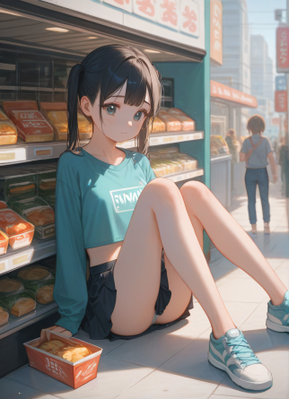 score_9,score_8_up,score_7_up,
1girl, kawaii, cute, petite, sitting, supermarket, sitting on floor, detailed body, crop top,...