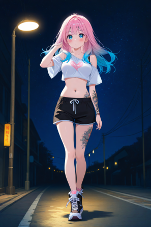 1girl, cute girl, kawaii, crop top, loose top, stomach, navel, belly ring, medium breasts, tattoos, full body, walking, long...