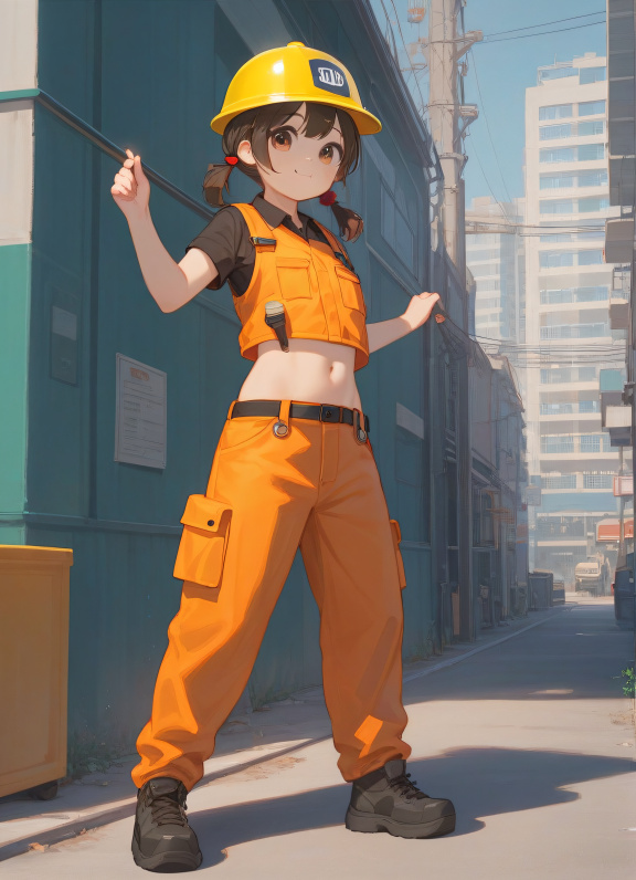 score_9,score_8_up,score_7_up,
1girl, kawaii, cute, petite, cosplay, construction worker, detailed body, shorts, crop top, h...