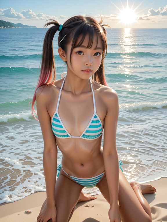 score_9, score_8_up, score_7_up,
1girl, mouth closed, petite, pigtails, gradient hair, bikini, striped bikini, beach, sunlig...