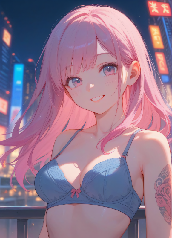 score_9,score_8_up,score_7_up,
1girl, kawaii, big eyes, upper body, petite, bra, smile, tattoos, detailed body, city, city b...