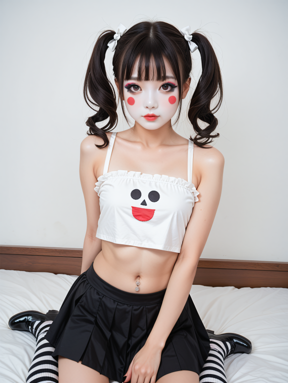 score_9, score_8_up, score_7_up,
extremely detailed, 1girl, cosplay, mime, white face, makeup, petite, flat breast, cute fac...