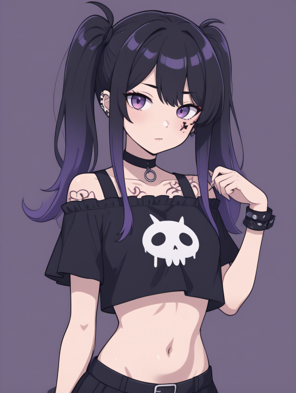 masterpiece, best quality, vibrant colors, cartoon,
1girl, kawaii, cosplay, goth, goth hairstyle, loose crop top, stomach, n...