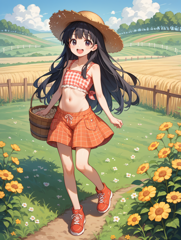 score_9, score_8_up, score_7_up, source_anime,
1girl, cute girl , farmland, farmer, open shoulders, petite, navel, long hair...