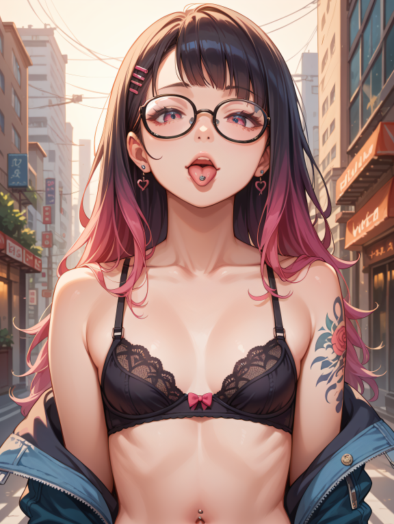 score_9, score_8_up, score_7_up, source_anime,
1girl, cute girl , bra, flat breast, glasses, urban girl, petite, navel, uppe...