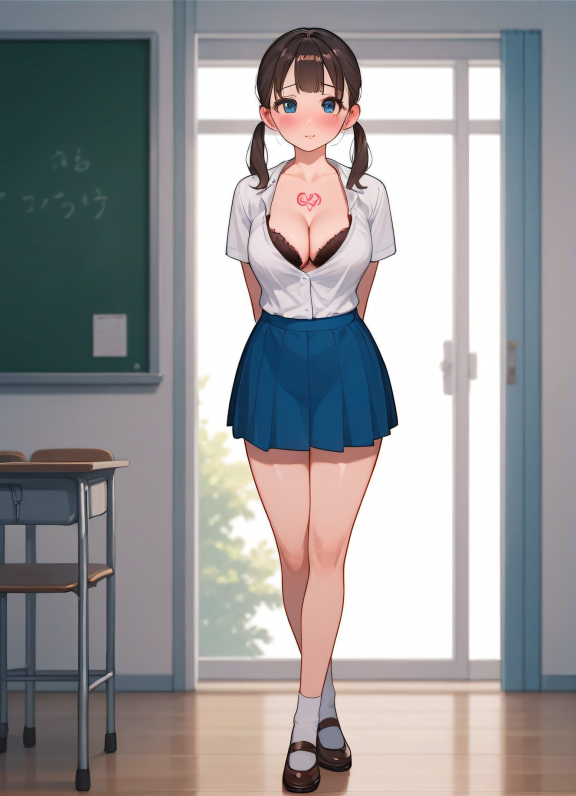 score_9,score_8_up,score_7_up,
1girl, mature, kawaii, school uniform, white shirt, blue skirt, standing, pigtails, big eyes,...