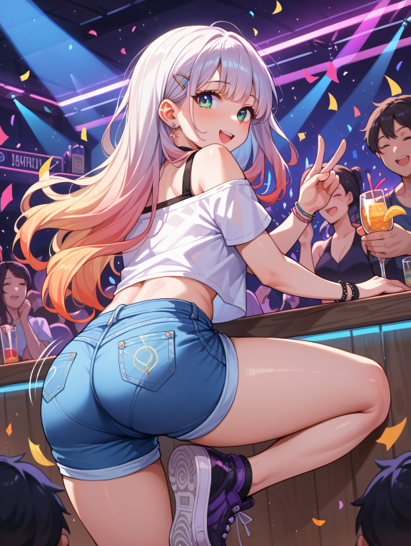 score_9, score_8_up, score_7_up, source_anime,
1girl, woman, cute, dancing , twerking, ass, shorts, long hair, gradient hair...