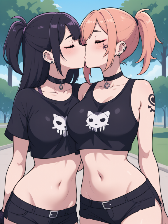 masterpiece, best quality, vibrant colors, cartoon,
2girls, kawaii, kissing, hugging, cosplay, goth, goth hairstyle, loose c...