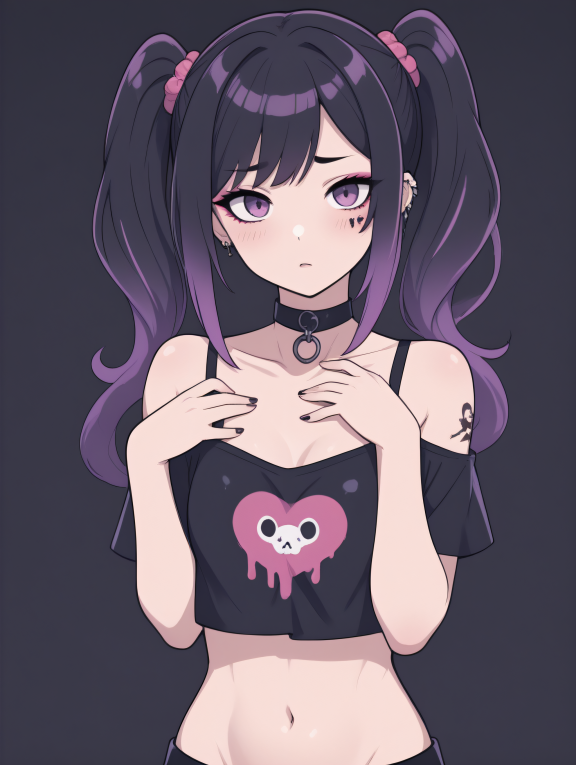 masterpiece, best quality, vibrant colors, cartoon,
1girl, kawaii, cosplay, goth, goth hairstyle, loose crop top, stomach, n...