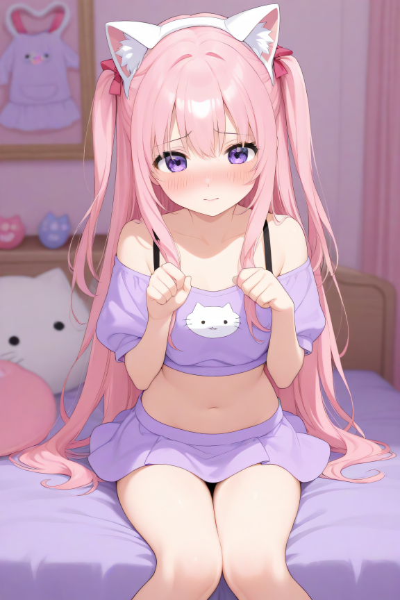 1girl, cute girl, kawaii, in bedroom, cosplay, cat cosplay, sitting, crop top, mini skirt, open shoulders, bra strap, detaile...