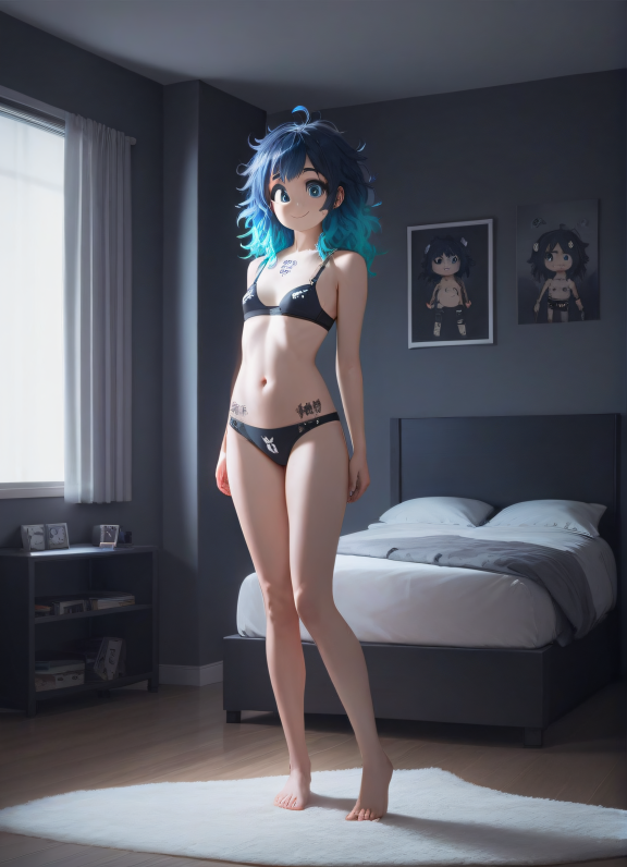 score_9,score_8_up,score_7_up,
1girl, kawaii, cosplay, big eyes, full body, petite, bra, smile, tattoos, detailed body, bedr...