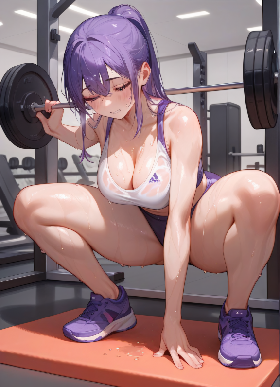 score_9,score_8_up,score_7_up,
1girl, kawaii, cute, gym, exercise, purple hair, sweat, wet body, full body, thick body, thic...