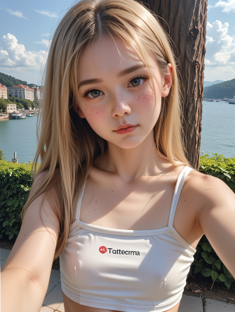 score_9, score_8_up, score_7_up,
1girl, cute face, freckles, petite, flat breast, pale skin, crop top, loose top, open shoul...