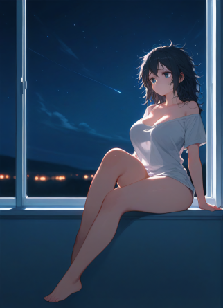 score_9,score_8_up,score_7_up,
1girl, kawaii, cute, thick body, thick thighs, large breast, cleavage, messy hair, sitting on...