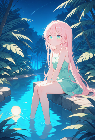 (pastel colors:1.3), 1girl, standing, jungle, green dress, nude, sitting near pond, night sky, cute girl, cute face, thighs,...