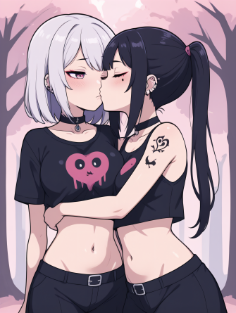 masterpiece, best quality, vibrant colors, cartoon,
2girls, kawaii, kissing, hugging, cosplay, goth, goth hairstyle, loose c...