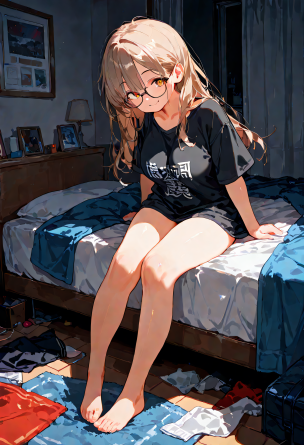 masterpiece, best quality, amazing quality, 1girl, mature, solo, long hair, smile, bedroom, dark room, long t-shirt, no pants...