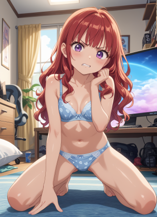1girl, solo, gamer girl, long hair, wavy hair, purple eyes, printed underwear, bra, panties, bare shoulders, full body, looki...