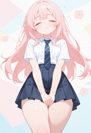 (pastel colors:1.3), 1girl, standing, hands between legs, skirt, white panties, thick thighs, crossed legs, stressed, stresse...