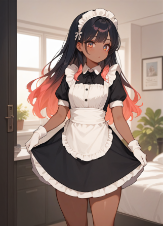 score_9,score_8_up,score_7_up,
1girl, kawaii, cute, cosplay, makeup, maid uniform, very short dress, working, cleaning, thic...