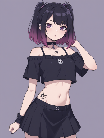 masterpiece, best quality, vibrant colors, cartoon,
1girl, kawaii, cosplay, goth, goth hairstyle, loose crop top, stomach, n...