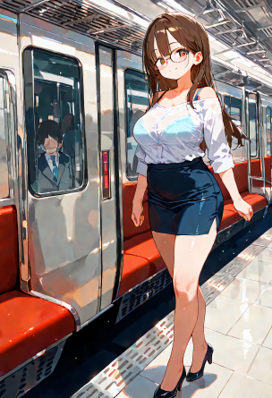 masterpiece, best quality, amazing quality, 1girl, mature, solo, long hair, smile, office uniform, glasses, train, crowded tr...