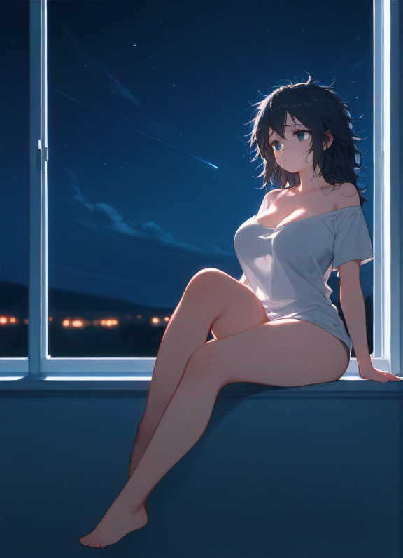 score_9,score_8_up,score_7_up,
1girl, kawaii, cute, thick body, thick thighs, large breast, cleavage, messy hair, sitting on...