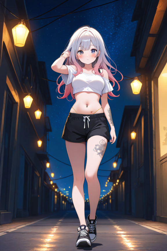 1girl, cute girl, kawaii, crop top, loose top, stomach, navel, belly ring, medium breasts, tattoos, full body, walking, long...