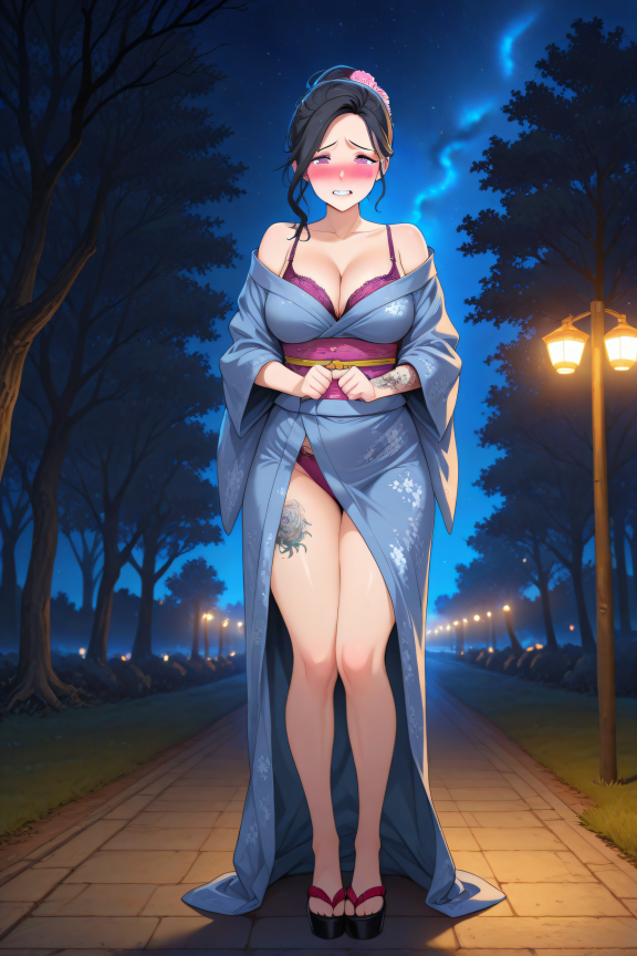 1girl, cute girl, mature, kawaii, cosplay, goddess, makeup, kimono, outdoor, standing, thighs expose, bra strap, night, night...