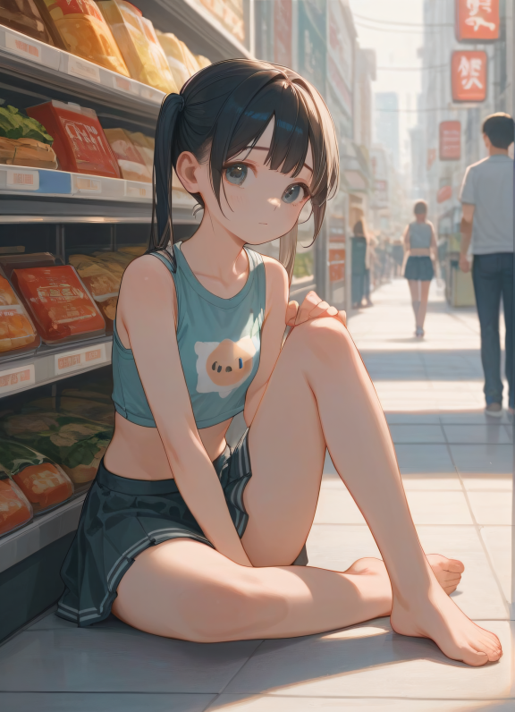 score_9,score_8_up,score_7_up,
1girl, kawaii, cute, petite, sitting, supermarket, sitting on floor, detailed body, crop top,...