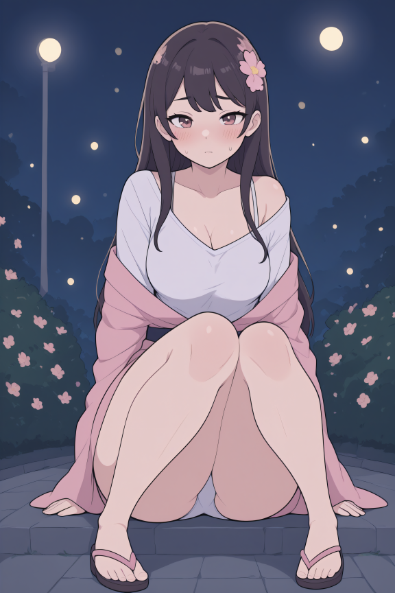 masterpiece,best quality,flat colors,
1girl, kawaii, medium breast, kimono, open shoulders, cleavage, bra strap, thick thigh...