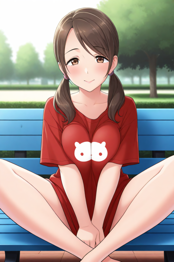 1girl, mature, cute girl, kawaii, loose t-shirt, sitting in bench, park, long t-shirt, medium breast, breast press, leg sprea...