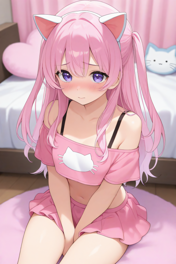1girl, cute girl, kawaii, in bedroom, cosplay, cat cosplay, sitting, crop top, mini skirt, open shoulders, bra strap, detaile...