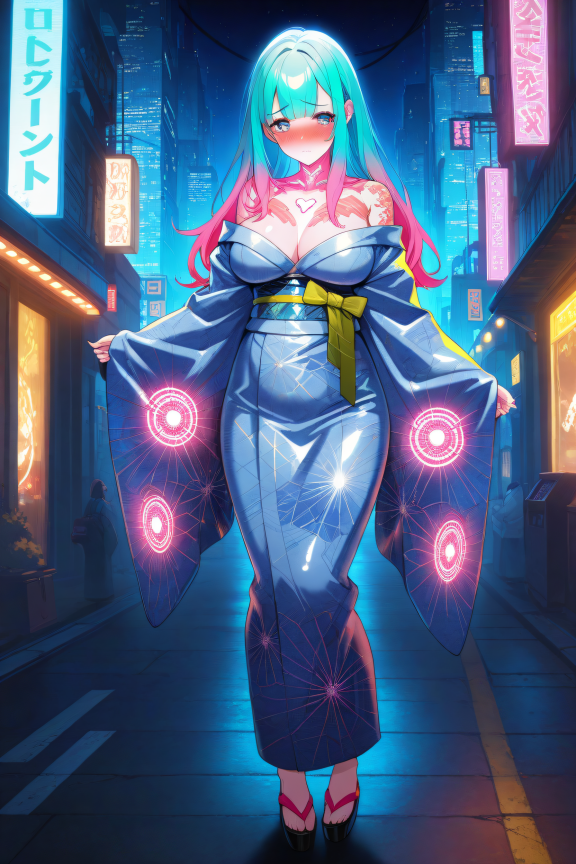 1girl, cute girl, kawaii, kimono, designer kimono, detailed kimono, goddess, glowing jewelleries, large breasts, tattoos, ful...
