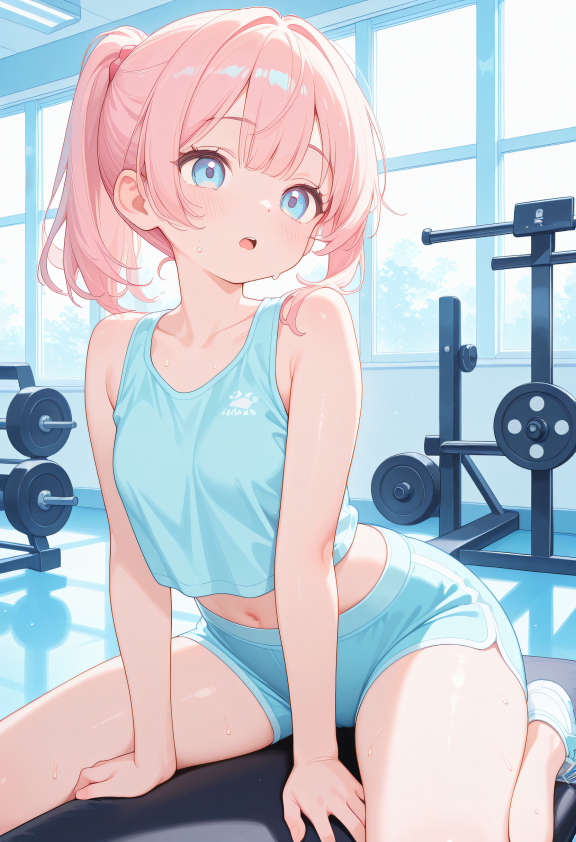 (pastel colors:1.3), 1girl, gym, tight shorts, tank top, sweat, mouth open, cute face,
masterpiece,best quality,amazing qual...