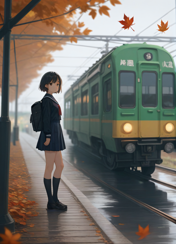 score_9,score_8_up,score_7_up,1girl,solo,autumn leaves,socks,black hair,shoes,bag,looking at viewer,black socks,school unifor...