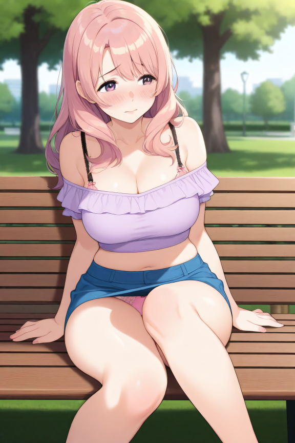 1girl, cute girl, kawaii, mature, in park, day, sitting, crop top, mini skirt, open shoulders, cleavage, bra strap, one leg u...