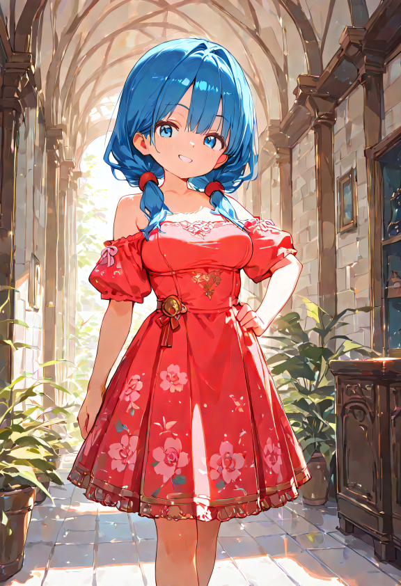 masterpiece, best quality, amazing quality, 1girl, solo, long hair, smile, dress, bare shoulders, twintails, standing, blue h...