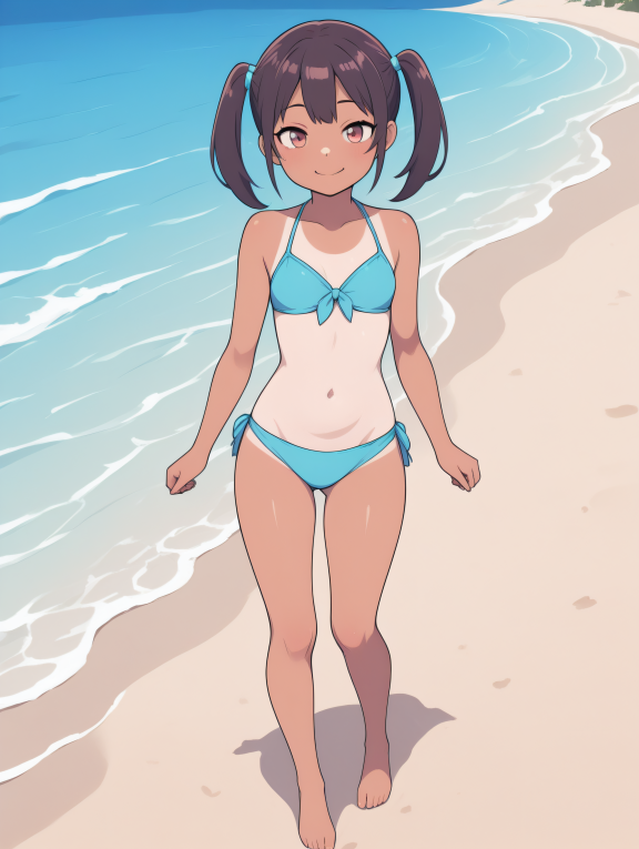 masterpiece, best quality, vibrant colors, cartoon,
1girl, cute face, petite, kawaii, pigtails, beach, day light, sea, tan s...